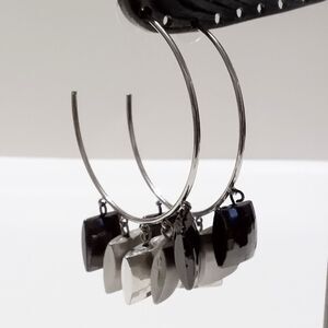 Silver Tone Large Hoop Earrings with Dangling Squares